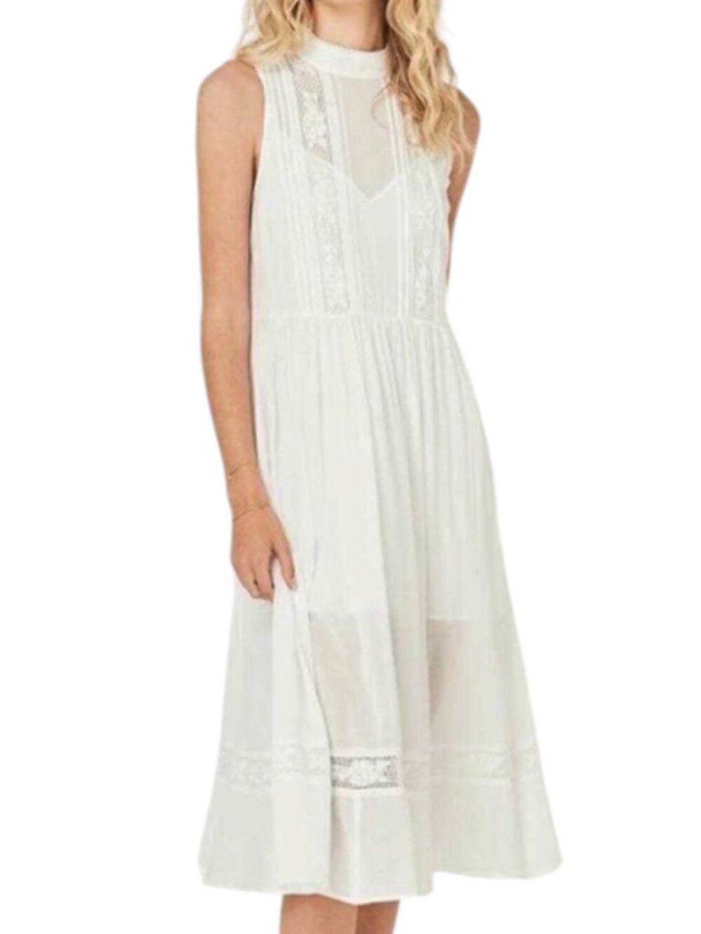 Auguste The Label Margot Wren High Neck Midi Dress Lace Pintuck White 4